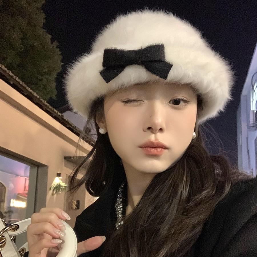 Bow Fisherman Hat Women's Winter Curled Plush Gift Hat Hepburn Style Big Head Circumference Small Basin Hat