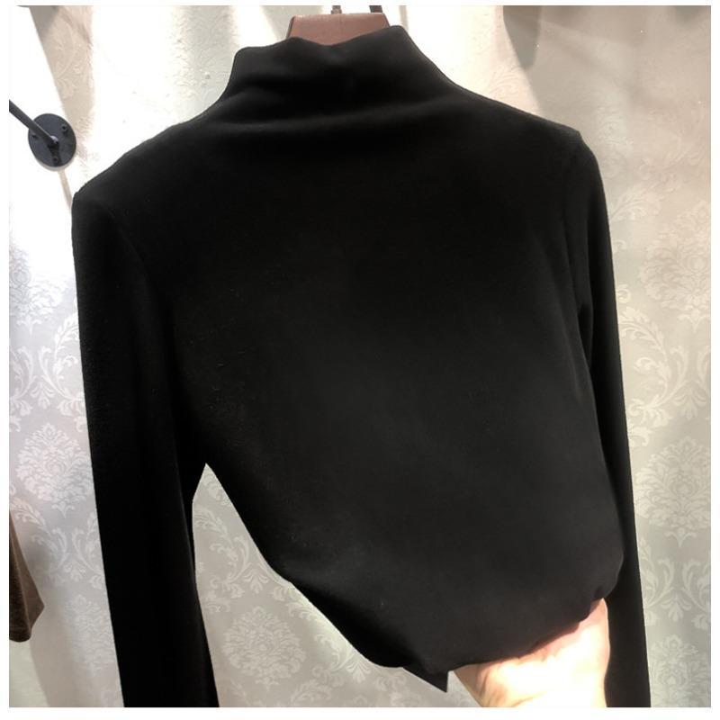 Autumn Winter Half High Collar Velvet Bottomed T-shirt Women Long Sleeve Solid Color All-match Pullover Top Tee