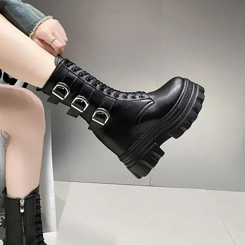 Ankle Boots for Women Short Boot Round Toe High Platform Motorcycle Boots Thick Heel Sneakers Shoe Increase 12CM Boots Shoes