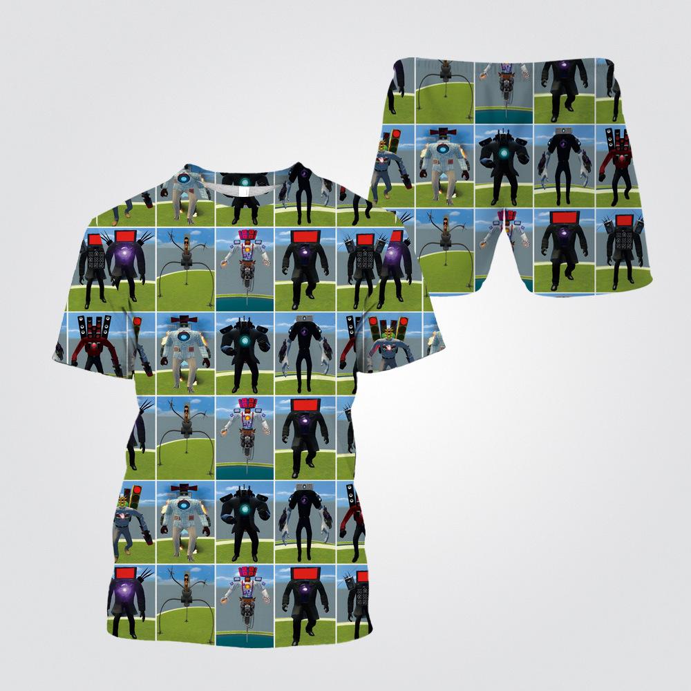 Summer Round Neck 3D Cartoon Toilet Person Vs. Monitoring Person Printed Set Fashionable and Casual Short Sleeved Shorts Children's Boy Clothing Sets