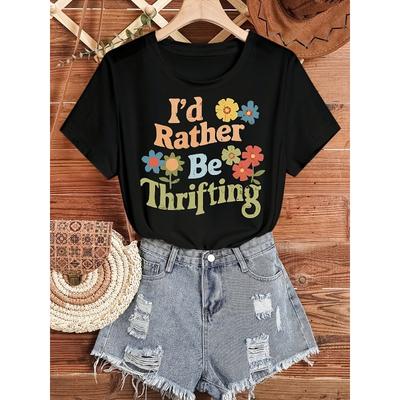 Women's Thrift Style T-Shirt - Deep Gray with Text Print, Loose Fit Round Neck Short Sleeve Top, Casual Attire & Gift for - Outfits
