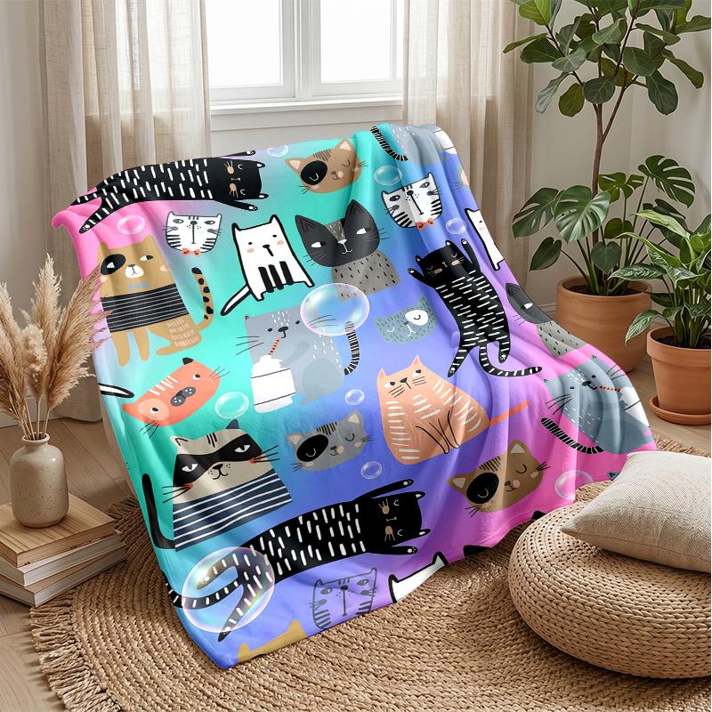 Colorful Cats Pattern blanket Personalized Name Flannel Blanket Soft Cozy Plush Throw for Sofa Bed Lightweight Home Decor