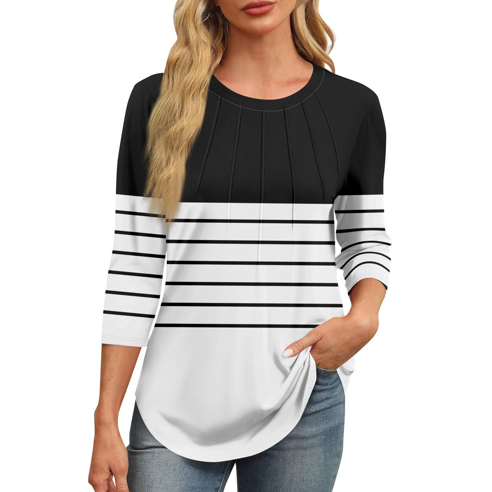 

Women s Fashionable Round Neck 3/4 Sleeve Printed Casual Basic Pleated Pullover T-shirt Top M чёрный