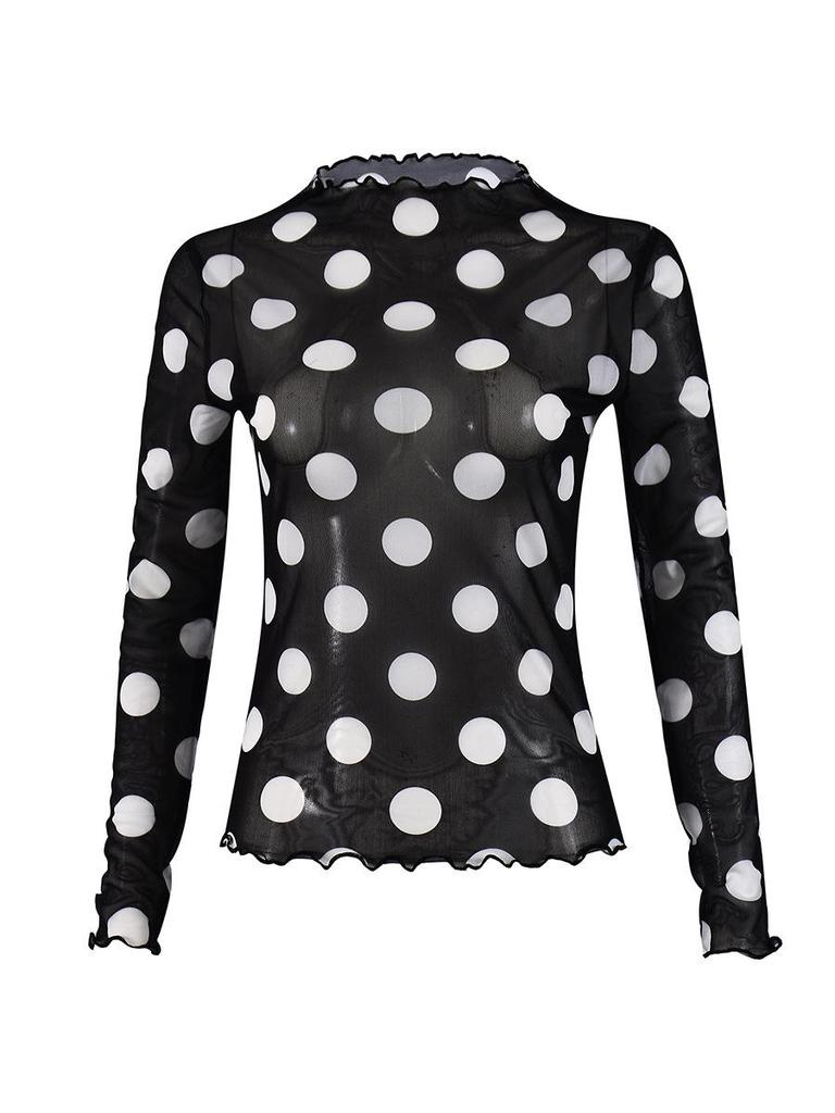 Nazada Spicy Girl Mesh Polka Dot Long Sleeve Top - Sexy See-through Half-High Neck for Early Autumn