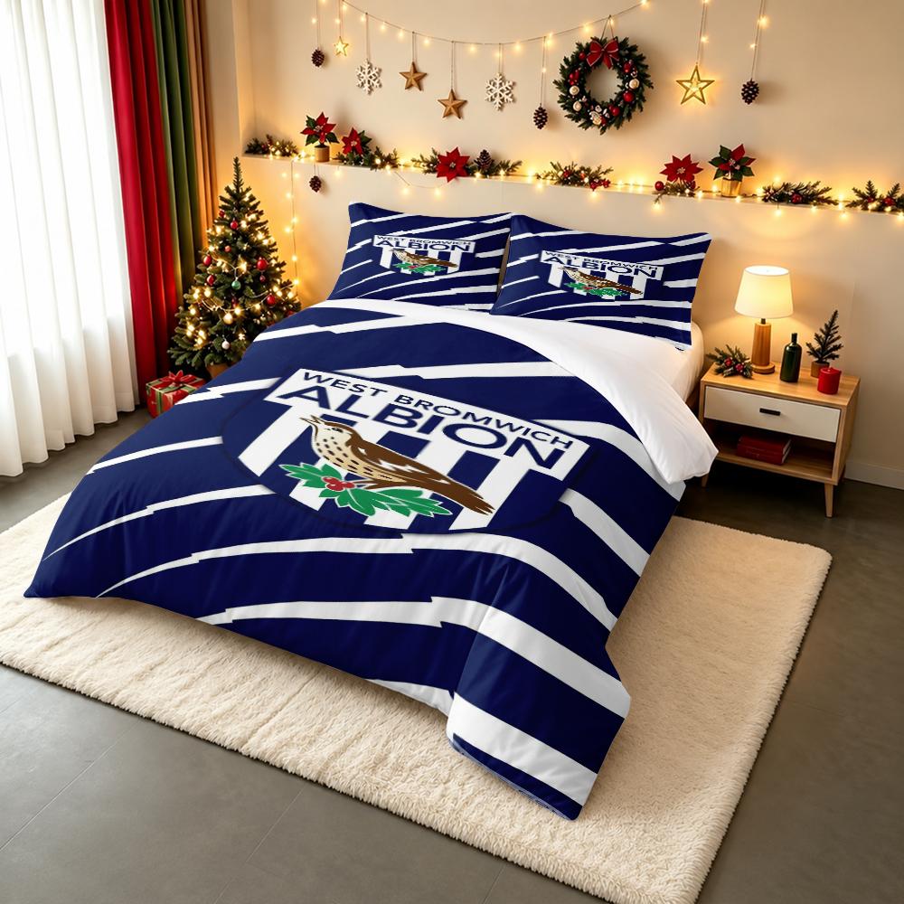 West Bromwich Albion Football Crest Bedding Set (1 Duvet Cover, 2 Pillowcases, Duvet Not Included), Navy White Striped Throstle Art Print