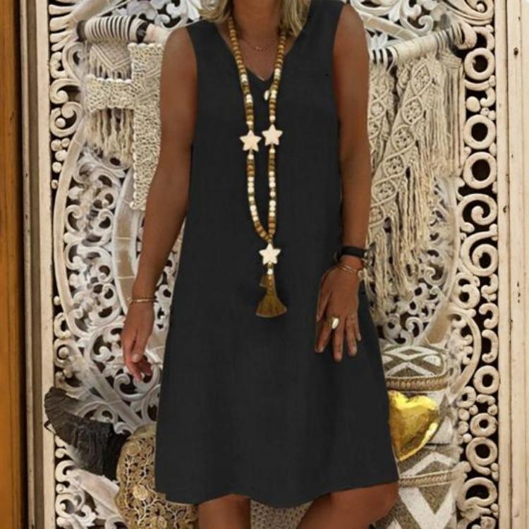 Summer Vacation Beach Dress Lady Sleeveless V Neck A Line Solid Color Knee Length Midi Pullover Vest Dress