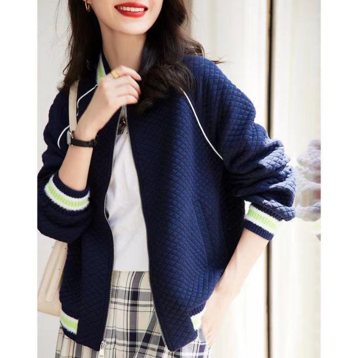 Women's Spring & Autumn 2023 Waffle Knit Baseball Jacket - Velvet, Casual Sportswear Top