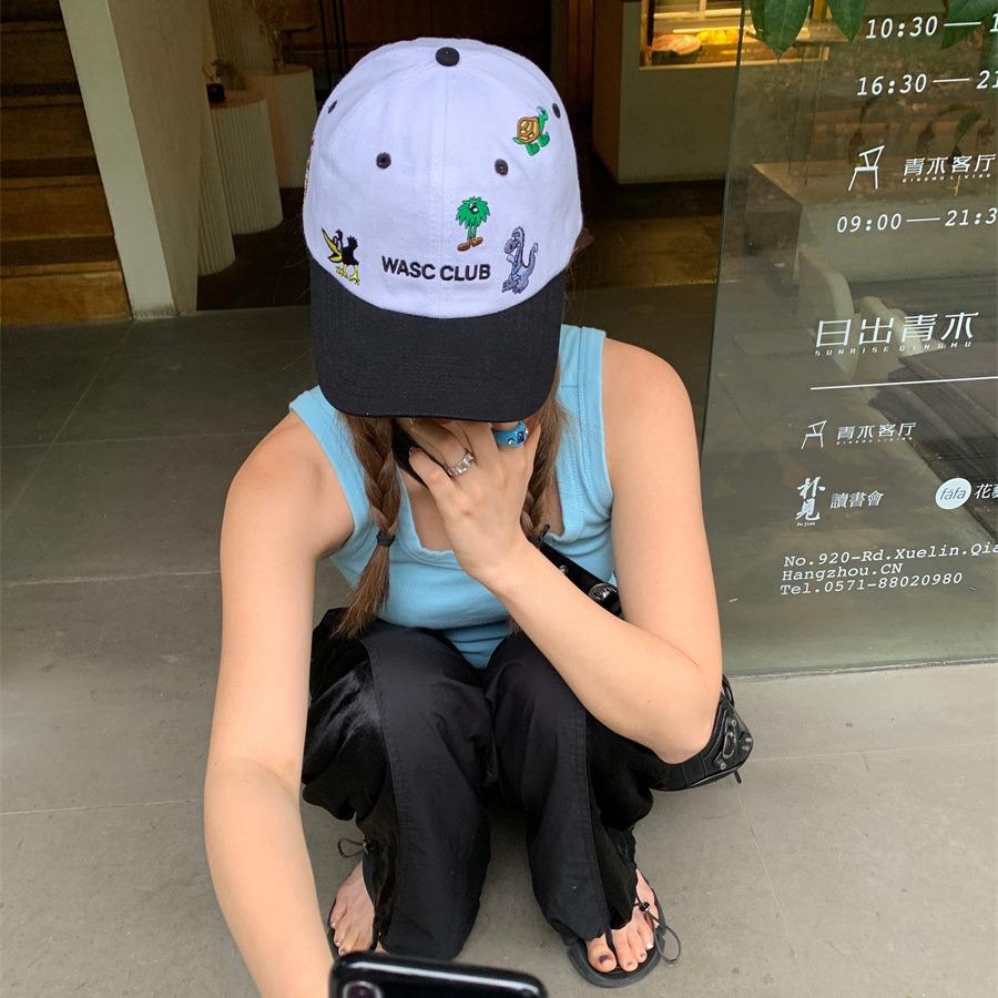 Same color blocked vintage cartoon pattern children's fun baseball cap, women's animal embroidery soft top sunshade duckbill cap