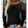 European Style Autumn Fashion Ladies O-neck Cutout Diamond Long-sleeved T-shirt