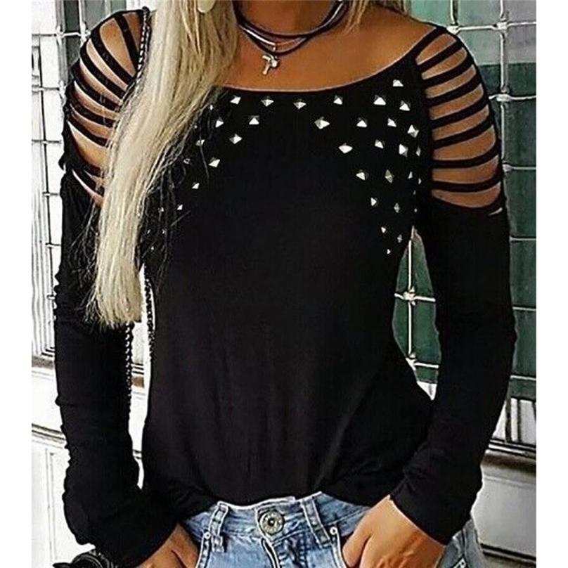 European Style Autumn Fashion Ladies O-neck Cutout Diamond Long-sleeved T-shirt