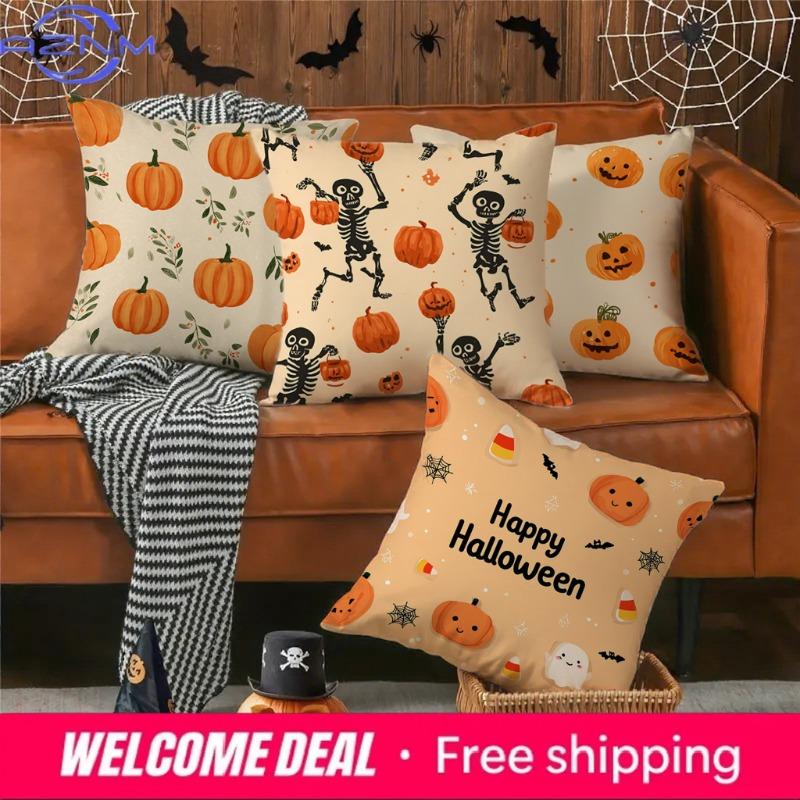 Halloween-Themed Pumpkin & Skeleton Pillowcasessuitable For Sofa Car Bedroom Decorative Cushion Cover Pillow Cover