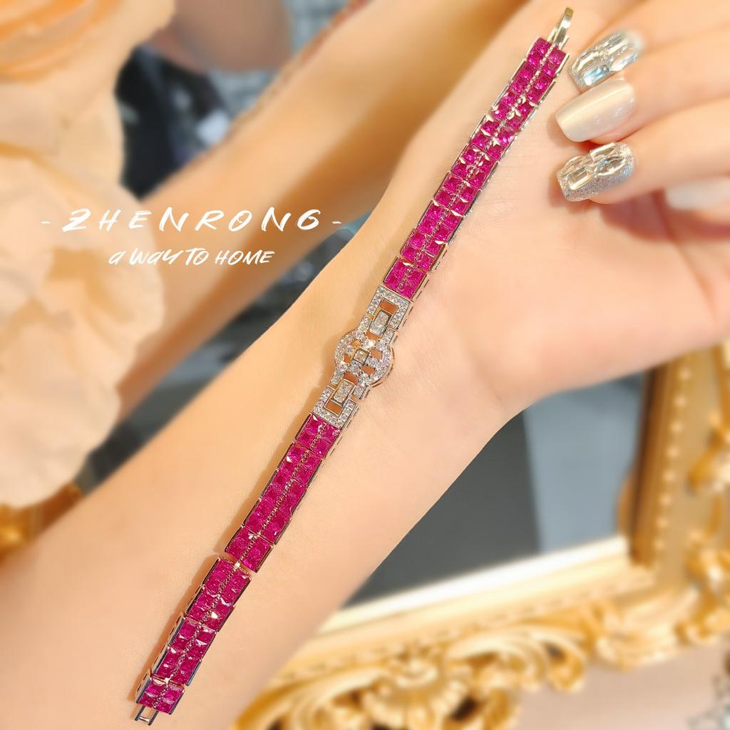 Artdeco Retro T Quadrat Voll Diamant Roter Korund Armband Eingelegt mit Importiertem Hochkohlenstoff-Diamant Super Flash Doppelreihiges Handarmband Damen