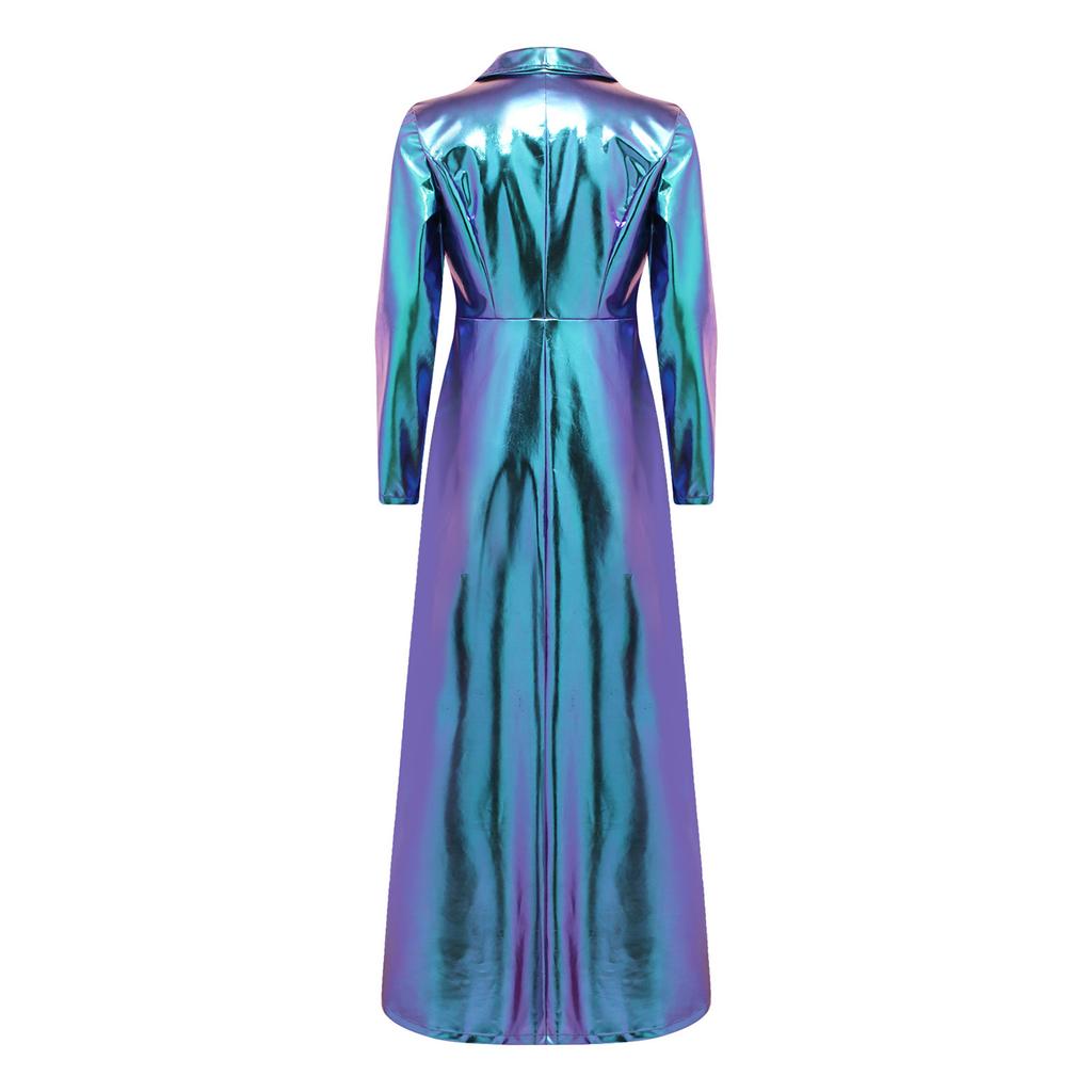 Ladies Shiny Metallic Trench Coat Turn-down Collar One Button Ankle Length Long Coat for Street Club Party Daily