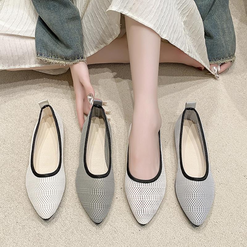 Fashion Womens Hollow Knitted Shoes Pointed Toe Shallow Mouth Casual Walking Shoes for Women Soft Sole Slip-on Women's Shoes Big Size 43