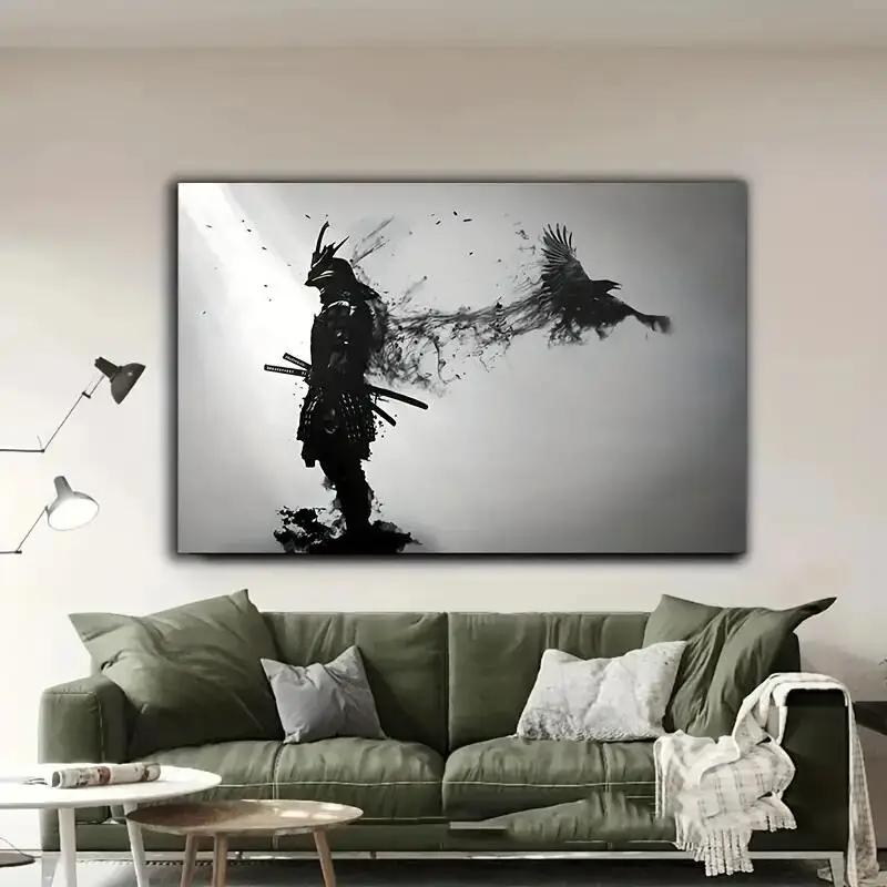 Black and White Japanese Black Samurai Man with Crow Posters and Print Wall Art Canvas Painting  for Living Room Cuadros Decor