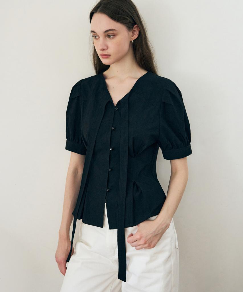 Deuloupisumeon Tuck Puff Short Sleeve Tie Blouse [Sky Blue]