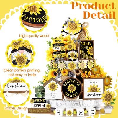 Summer Sunflowers Tiered Tray Decor Set Farmhouse Wood Sign Rustic Spring Decorations For Home Decor
