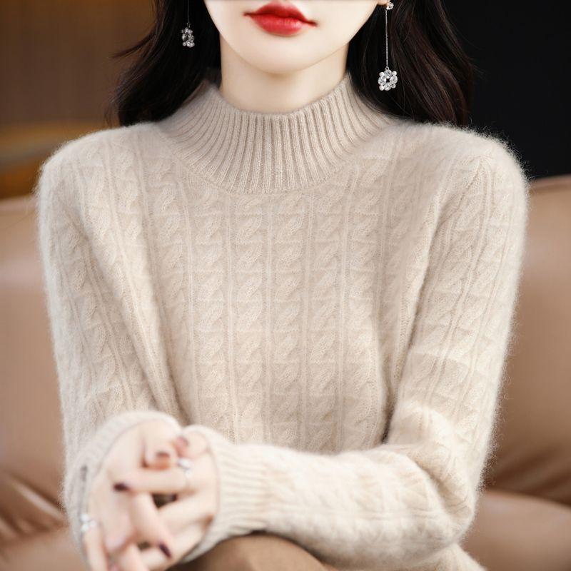 Semi-high-neck Knitted Sweater for Women Solid Color Loose Autumn and Winter Pullover Warm Sweater for Women