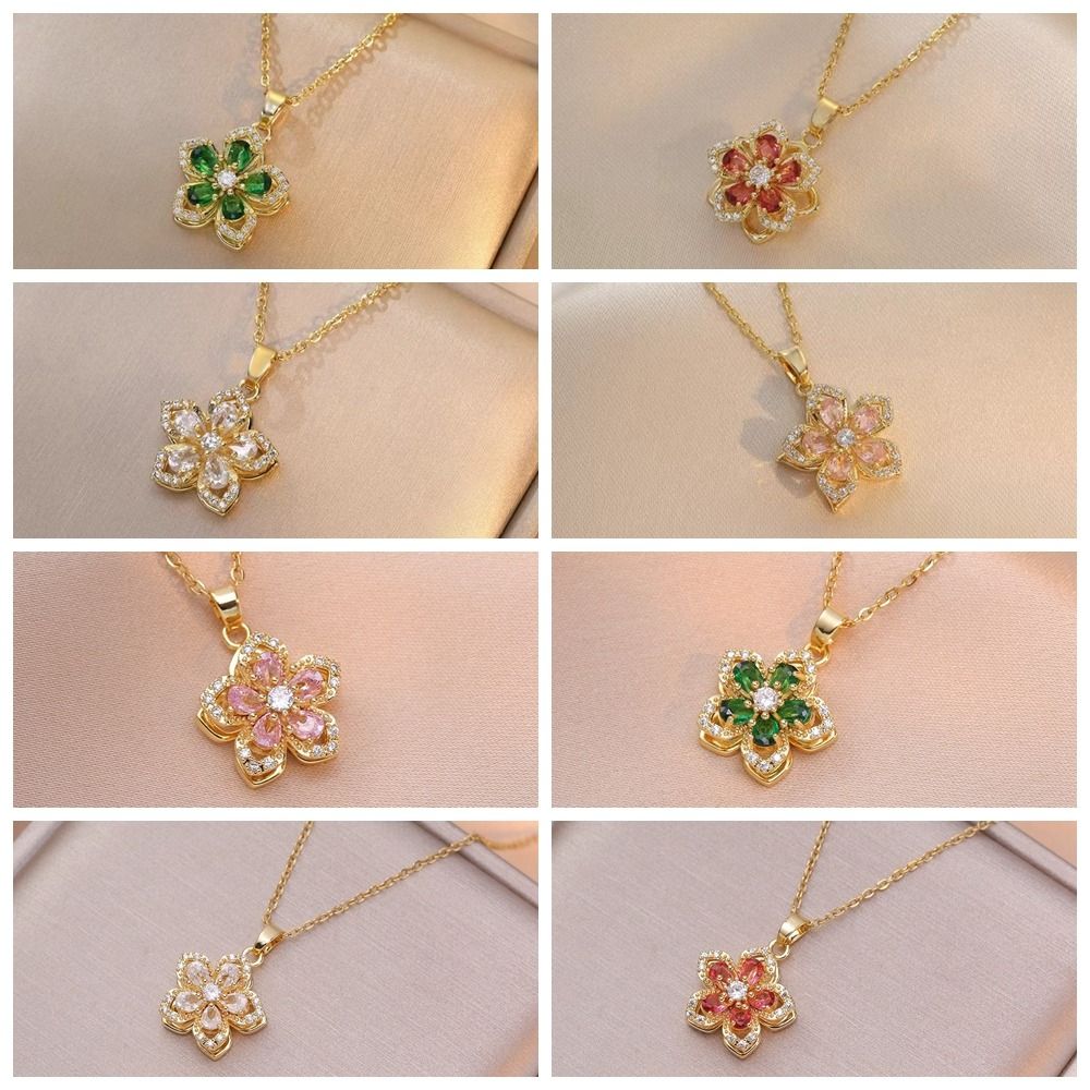 Sweet Zircon Pendant Necklace Shiny Petal Gold Necklace Gifts Rotatable Flowers Choker For Women