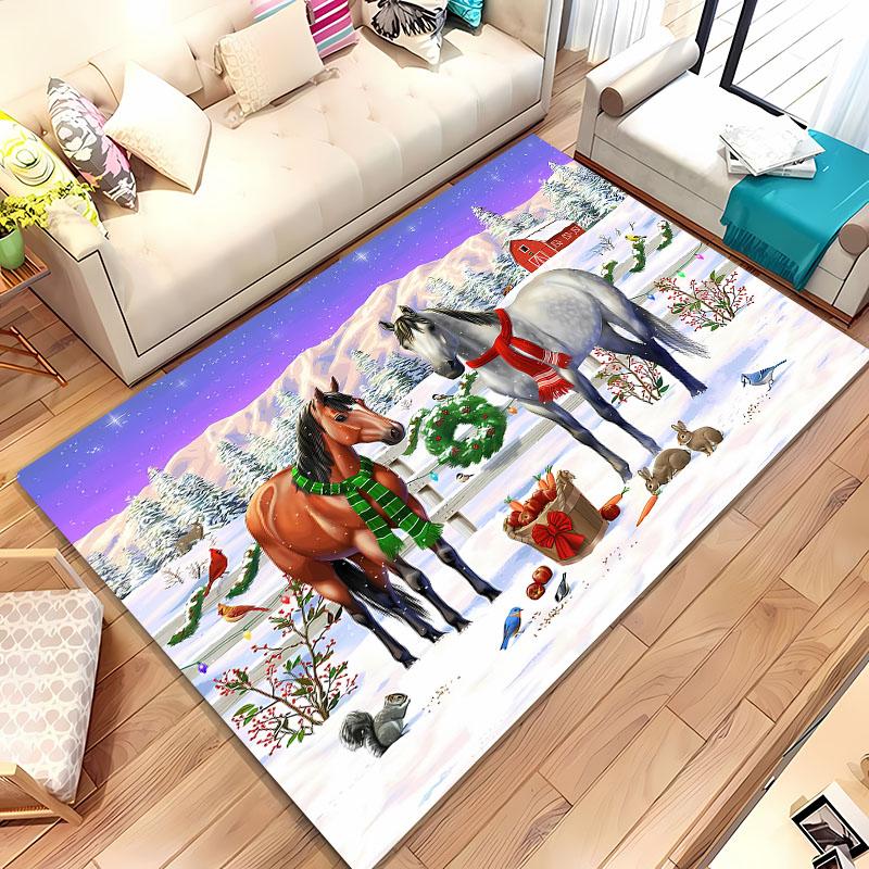 3D tištěný vánoční koberec s koněm pro domov, obývací pokoj, dětskou ložnici, pohovku, rohožka, kuchyňský podlahový koberec, protiskluzová dekorační podložka, teplý dárek