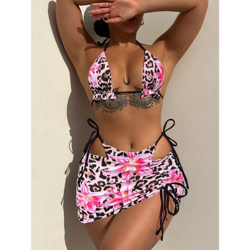 Women Sexy Three Piece Printed Reversible Bikini Swimsuit Female Beach Swimming Wear