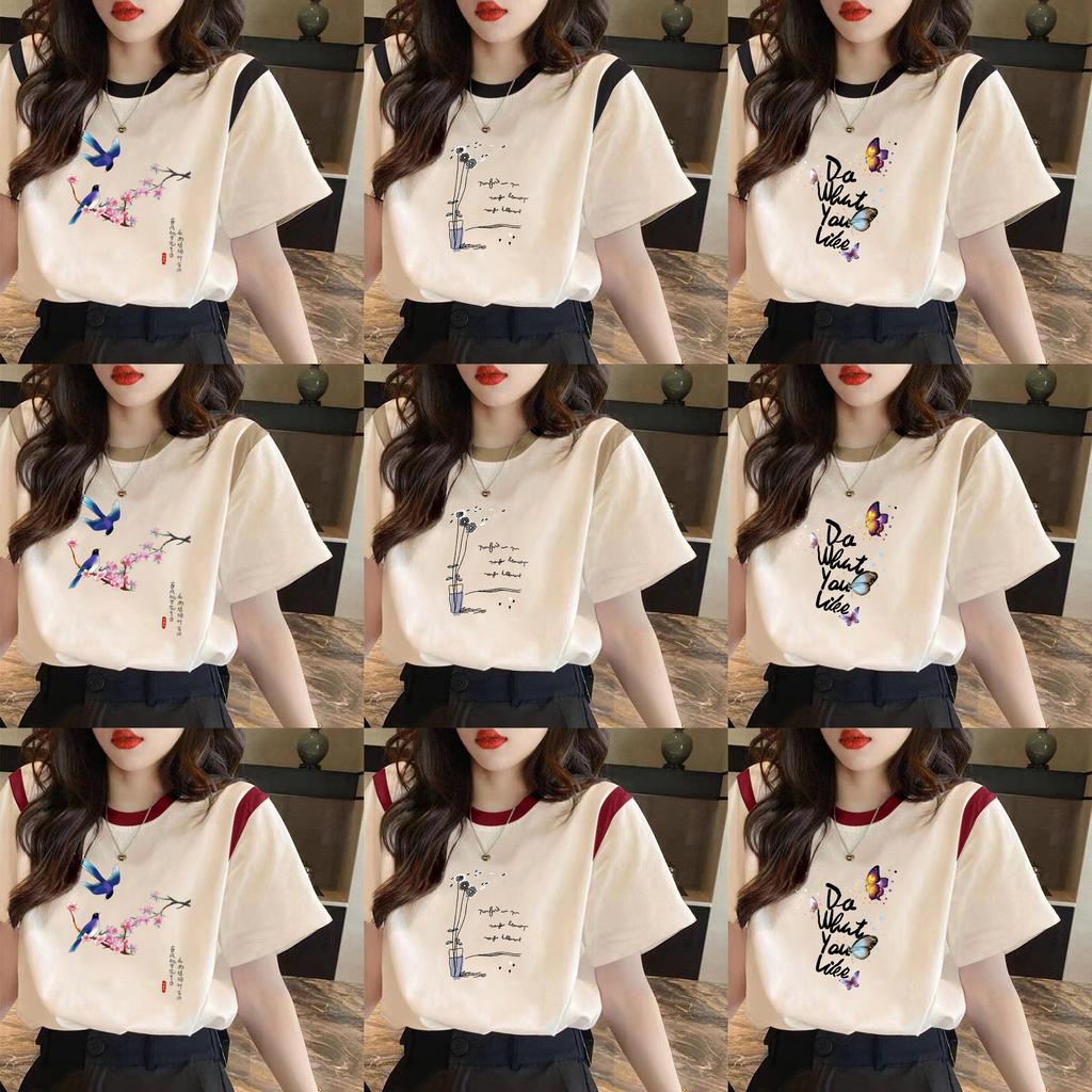 Floral Butterfly Print Short Sleeve T Shirt For Women With Splicing Cotton Relaxed Fit Summer Casual Wear