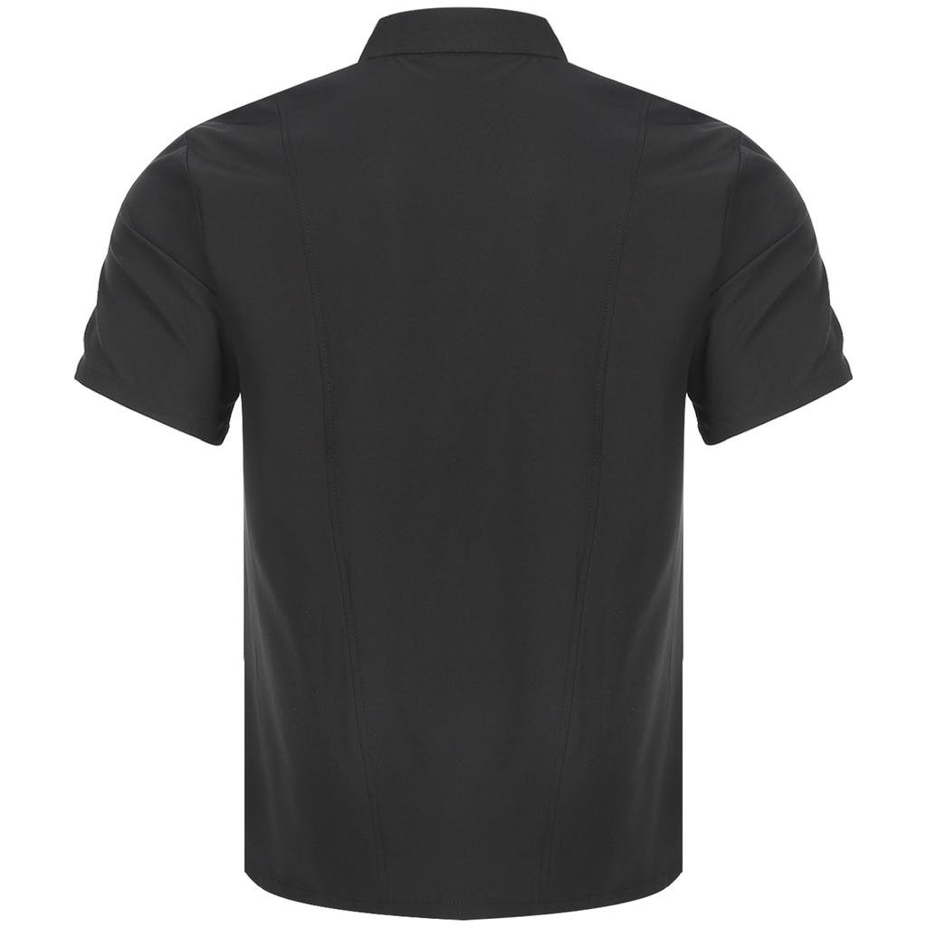 Unisex Lightweight Chef Jacket Stand Collar Short Sleeve Letter Embroidery Contrast Trim Kitchen Uniform Top