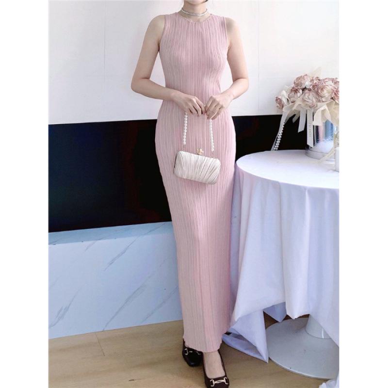 Women's French Style Sleeveless Knit Dress: Waist-Cinching Slim Fit, Summer Hip-Hugging Long Skirt