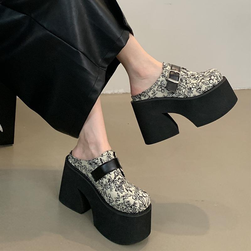 Fashion 11cm Block High Heels Black Slingback Shoes Women Close Toe Platform Chunky Heeled Slippers Punk Summer Sapatos Femininos 2024