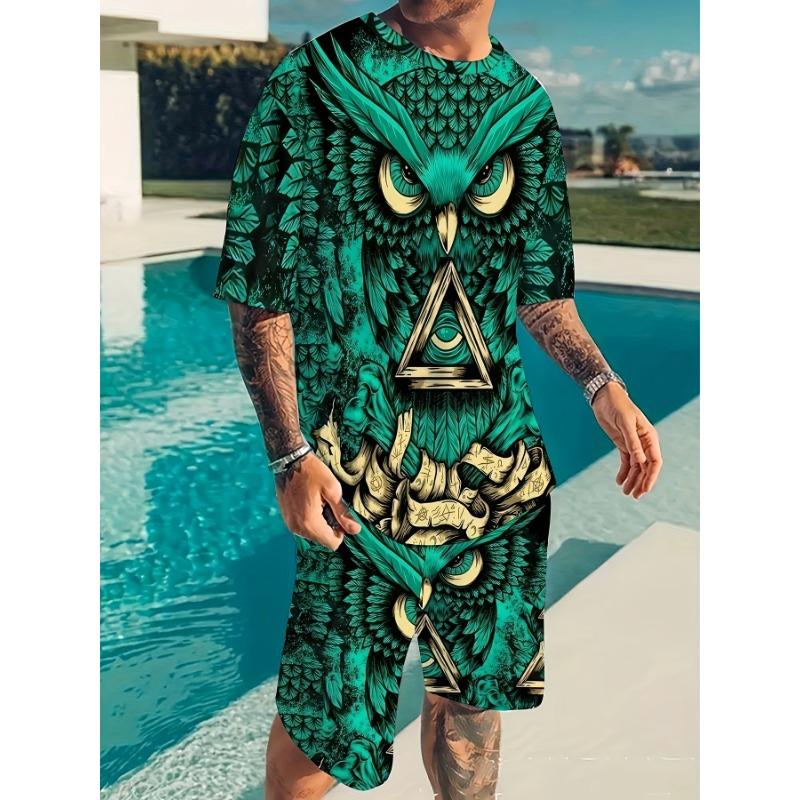 2 Piece Stylish Set, Men s Mythical Owl Graphic Slim Fit T-Shirt S