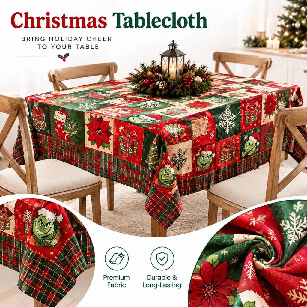 Christmas Tablecloth with Cute Pattern Print, Festive Holiday Party Decoration Table Cover