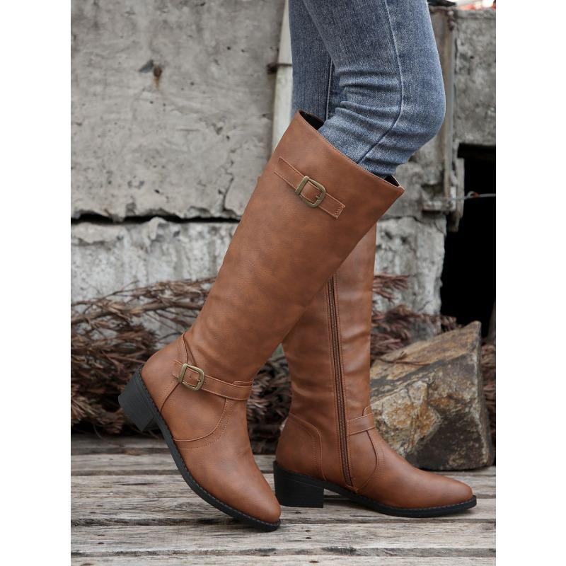 Pointed Buckle Knight Boots Winter 2025 New Plus Size Vintage Block Heel Boots