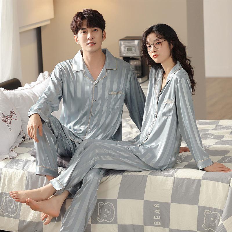 Couple Pajamas Women'S Ice Silk Long-Sleeved Loungewear Men'S Silk Spring And Summer Thin Imitation Silk Suit