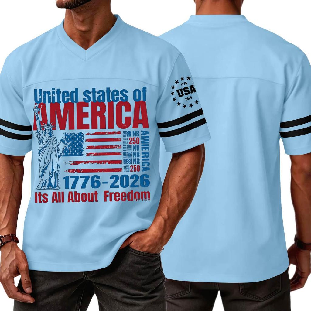 Mens V Neck Short Sleeve Sports T Shirt with States of America 1776 2026 Graphic and Statue of Print
