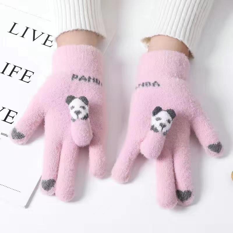 Winter Gloves Winter Girl Thickened Five-finger Student Cute Knitted Cold-proof Riding Touch Screen Warm Cycling Gloves