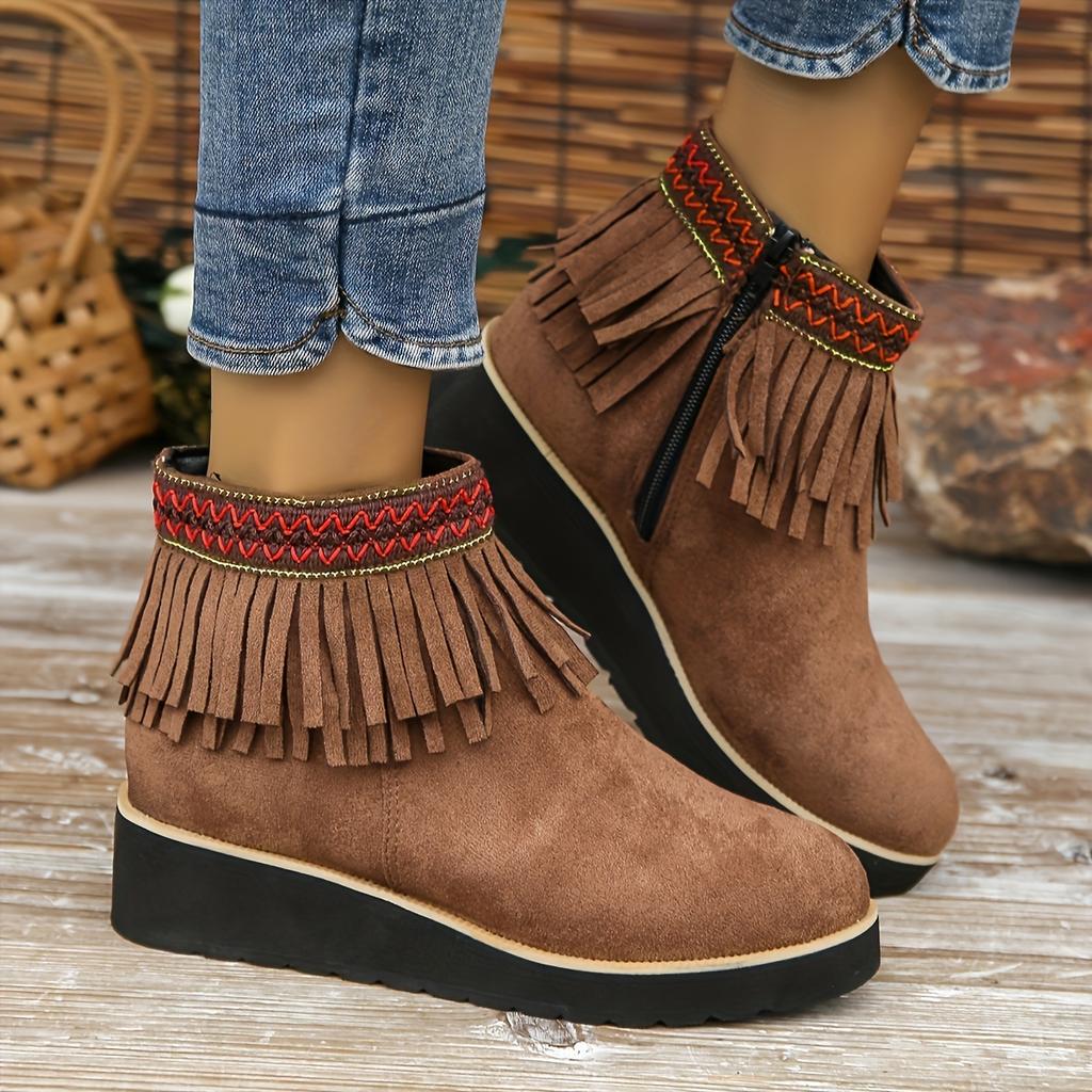 Autumn and Winter New Fringed Boots Women's Fashion Platform Small Wedge Boots Frosted Suede Round-toe Booties