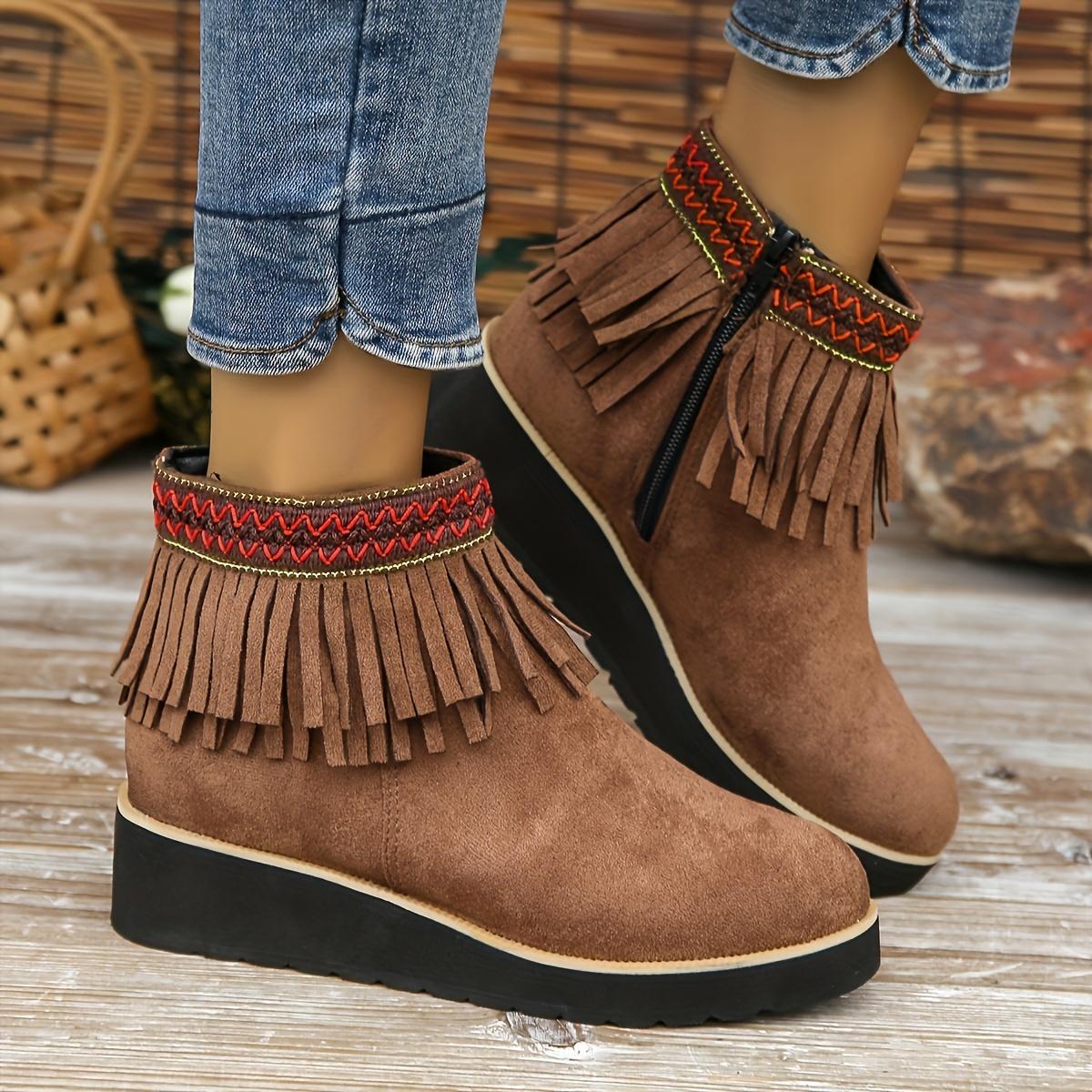 

Autumn and Winter New Fringed Boots Women s Fashion Platform Small Wedge Boots Frosted Suede Round-toe Booties 42
