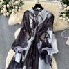 Sexy Long Sleeve Mesh Sweet Print Dress Chic Vintage Evening Party Club  Women Chic Summer Beach Long Dresses