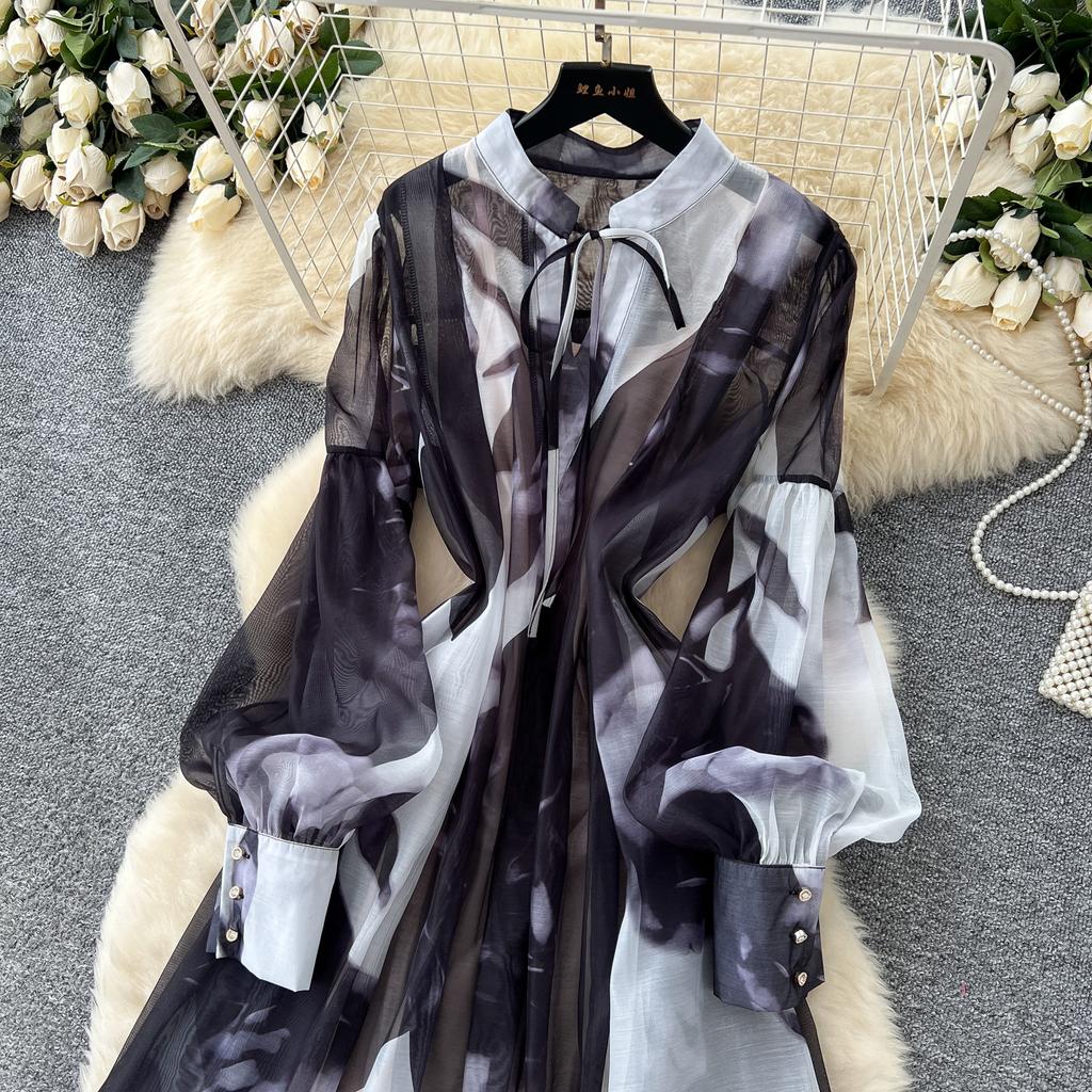 Sexy Long Sleeve Mesh Sweet Print Dress Chic Vintage Evening Party Club  Women Chic Summer Beach Long Dresses