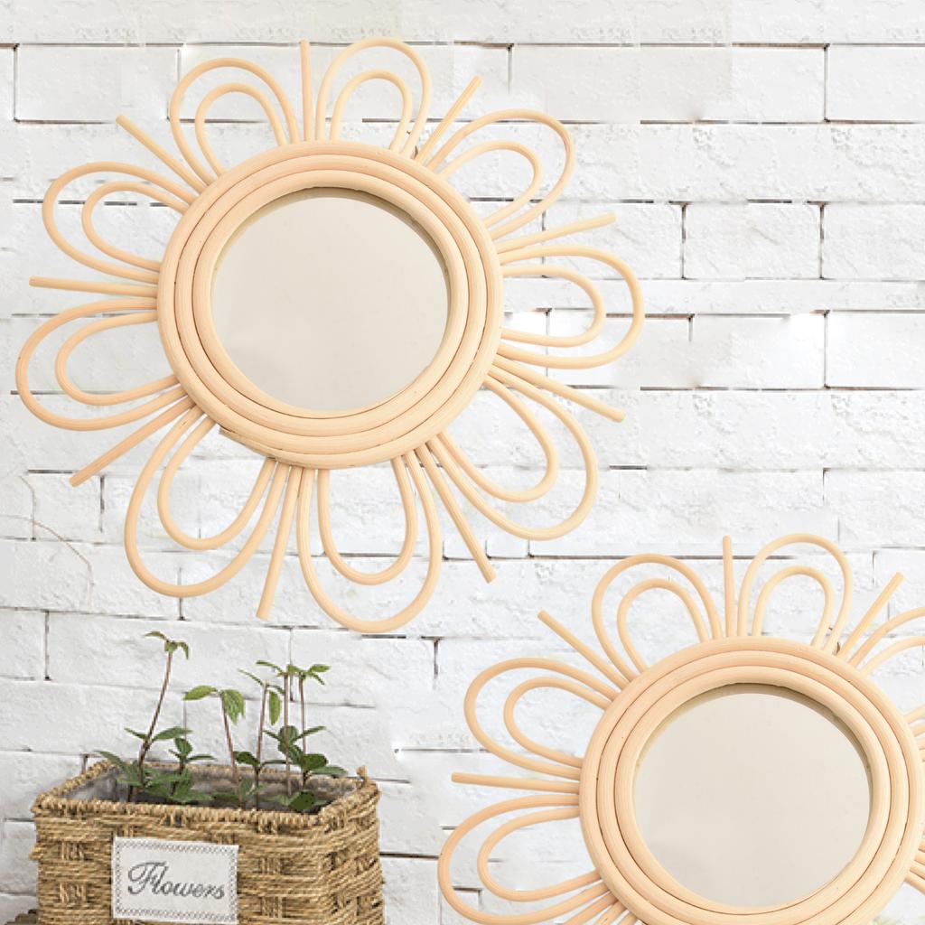 Rattan Bohemian Hanging Wall Mirror with Glass Center for Living Room Bedroom Decorative Sunburst Round Art Piece