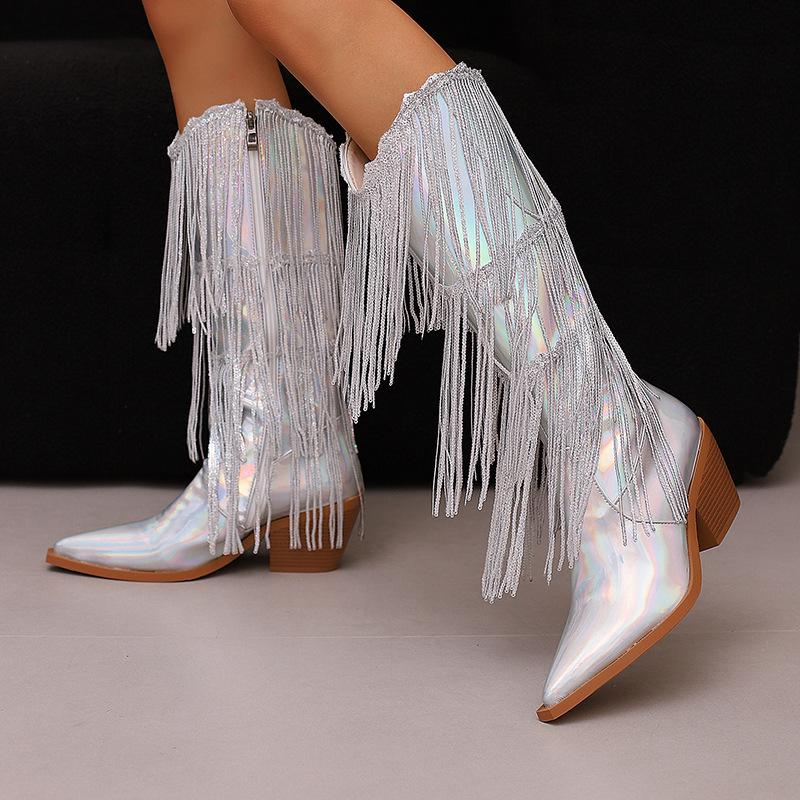 Fashion IPPEUM Fringe Cowboy Boots For Women  Mid Calf Pu Leather Size 46 Winter Knee High Western Silver Cowgirl Shoes