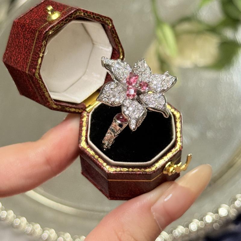 Elegant Pink Diamond Ice Flower Ring: Unique Luxury Design with Full Diamond Petals