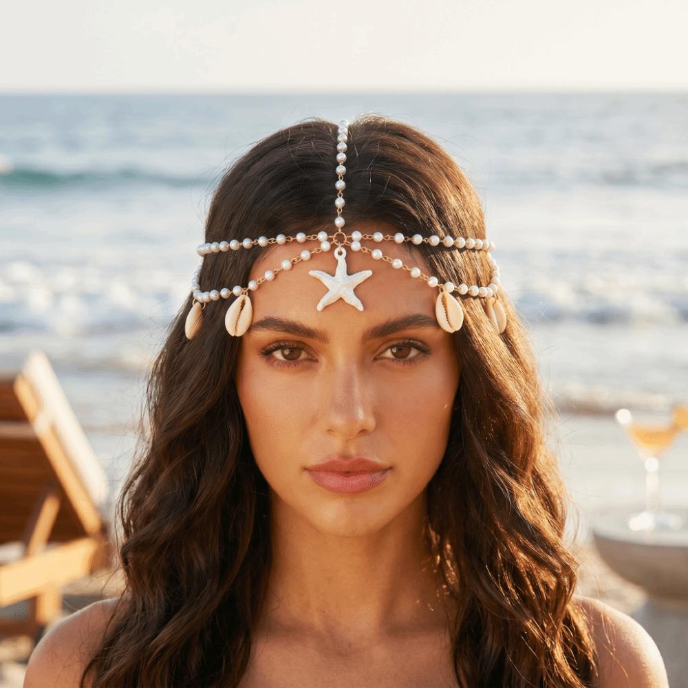 Perlen Böhmische Haarkette Meeresstil Perlen Kopfschmuck Boho Kopfkette Strandurlaub