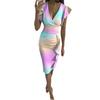 2026 European and American new multi-color printing skirt V-neck ruffle edge slim-fitting sexy high-waisted dress