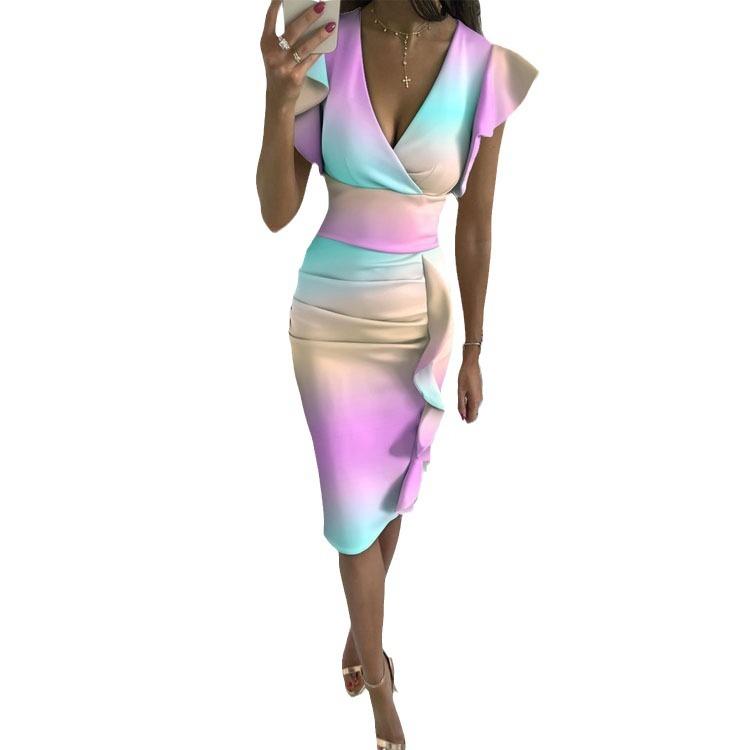 2026 European and American new multi-color printing skirt V-neck ruffle edge slim-fitting sexy high-waisted dress