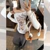 Slant-necked Off-shoulder Printed Long-sleeved T-shirt for Women's Autumn Spice Girls Slim-fitting and Thin Bottoming Shirt with Knitted Top Inside