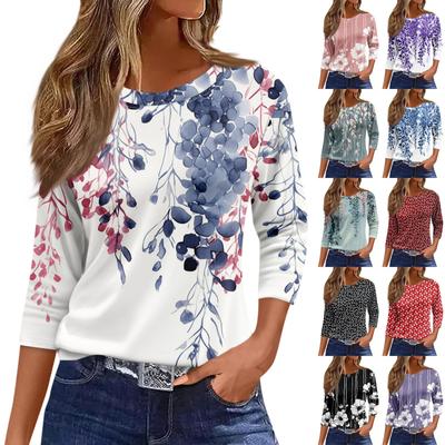 Women's Fashion Casual Round Neck 3/4 Sleeve Loose  Printed T-Shirt Ladies Top