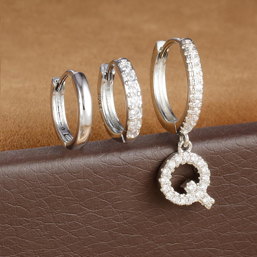 3pcs Silver Color Stainless Steel 26 Letters Hoop Earrings Set For Women A-Z Crystal Zircon Geometric Earrings Wedding Jewelry