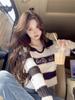 Autumn Winter V-neck Striped Knit Sweater Top for Women