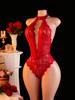 Christmas Valentine's Day Halter Backless Crotchless Lingerie For Sex Erotic Bodysuit DeepV Transparent Sexy Lace Babydoll Dress